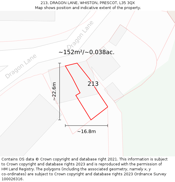 213, DRAGON LANE, WHISTON, PRESCOT, L35 3QX: Plot and title map