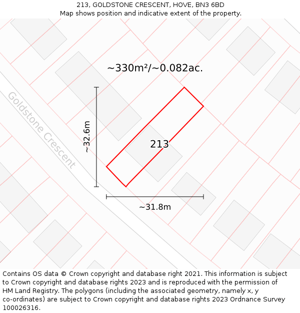 213, GOLDSTONE CRESCENT, HOVE, BN3 6BD: Plot and title map