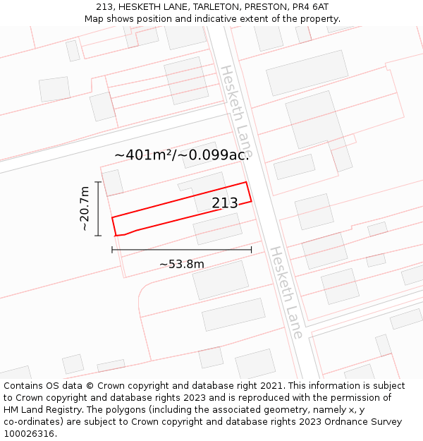 213, HESKETH LANE, TARLETON, PRESTON, PR4 6AT: Plot and title map