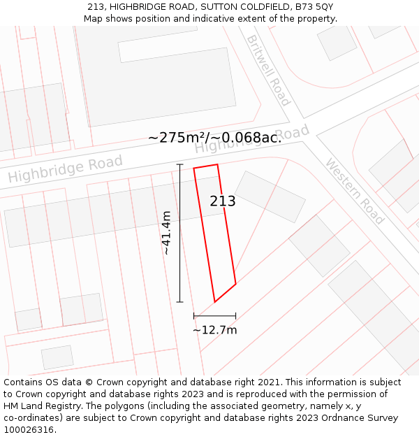 213, HIGHBRIDGE ROAD, SUTTON COLDFIELD, B73 5QY: Plot and title map