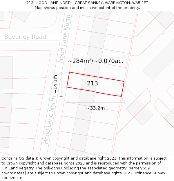 213, HOOD LANE NORTH, GREAT SANKEY, WARRINGTON, WA5 1ET: Plot and title map