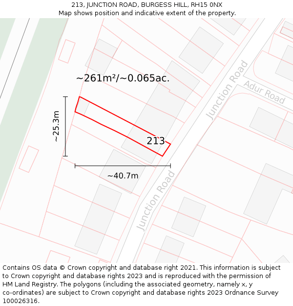 213, JUNCTION ROAD, BURGESS HILL, RH15 0NX: Plot and title map