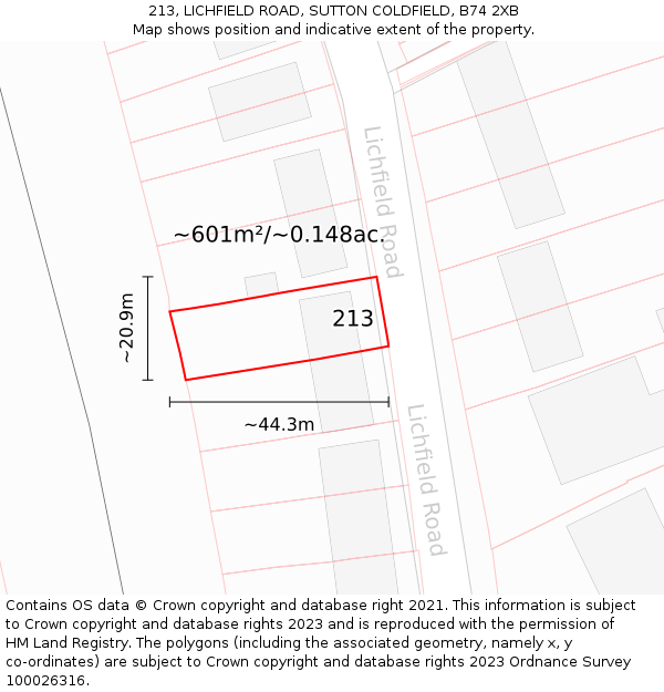 213, LICHFIELD ROAD, SUTTON COLDFIELD, B74 2XB: Plot and title map