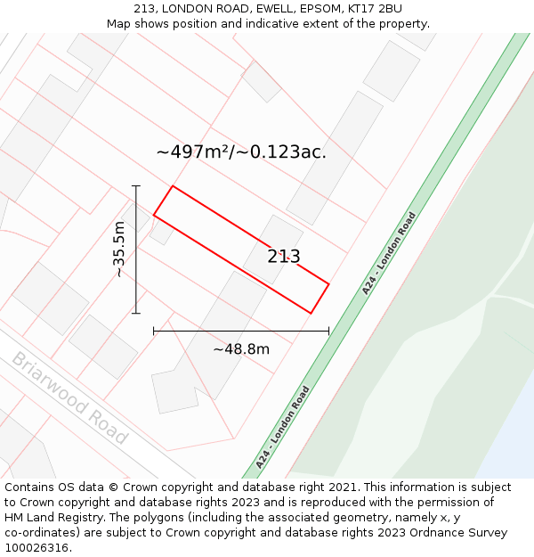 213, LONDON ROAD, EWELL, EPSOM, KT17 2BU: Plot and title map