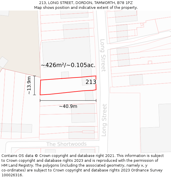 213, LONG STREET, DORDON, TAMWORTH, B78 1PZ: Plot and title map