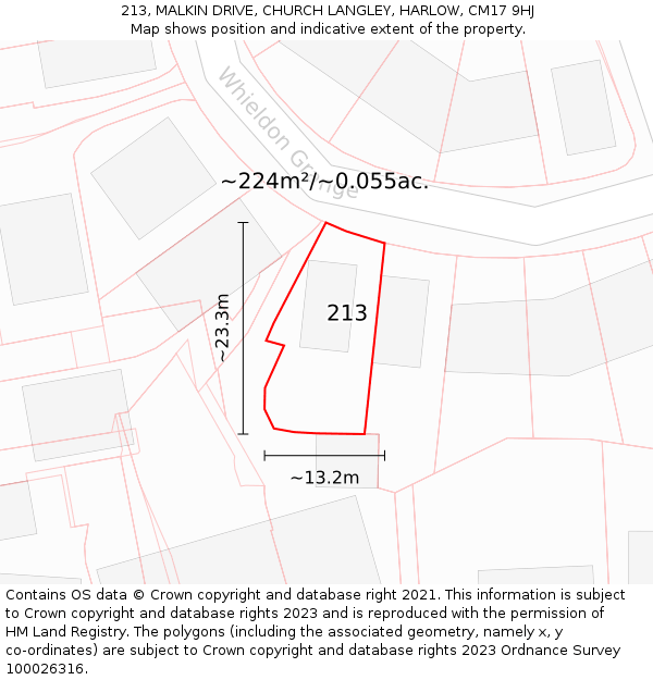 213, MALKIN DRIVE, CHURCH LANGLEY, HARLOW, CM17 9HJ: Plot and title map