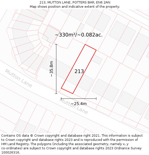 213, MUTTON LANE, POTTERS BAR, EN6 2AN: Plot and title map