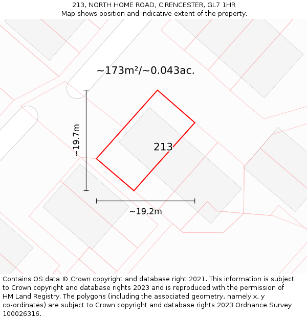 213, NORTH HOME ROAD, CIRENCESTER, GL7 1HR: Plot and title map