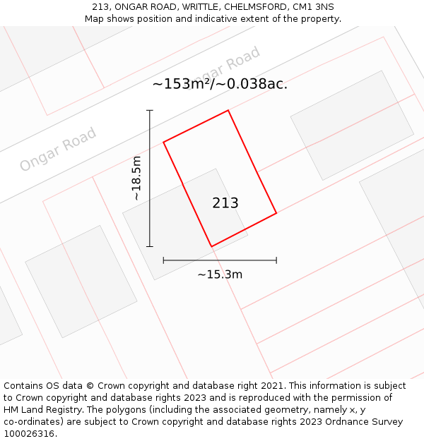 213, ONGAR ROAD, WRITTLE, CHELMSFORD, CM1 3NS: Plot and title map