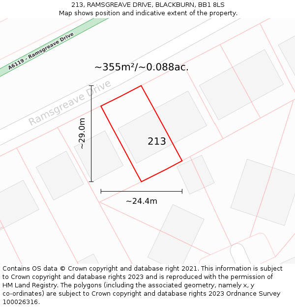 213, RAMSGREAVE DRIVE, BLACKBURN, BB1 8LS: Plot and title map