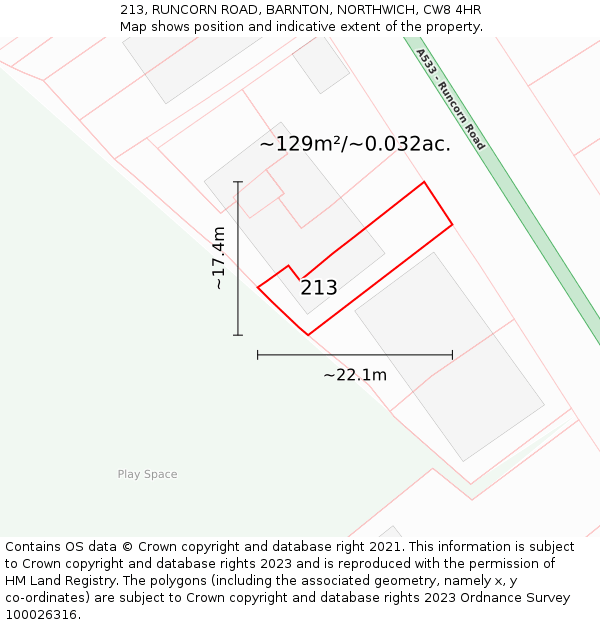 213, RUNCORN ROAD, BARNTON, NORTHWICH, CW8 4HR: Plot and title map