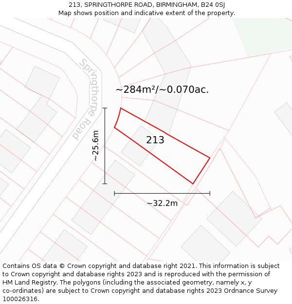 213, SPRINGTHORPE ROAD, BIRMINGHAM, B24 0SJ: Plot and title map