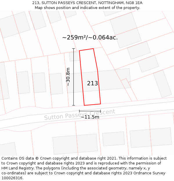 213, SUTTON PASSEYS CRESCENT, NOTTINGHAM, NG8 1EA: Plot and title map
