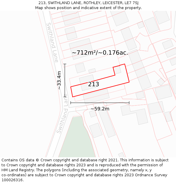213, SWITHLAND LANE, ROTHLEY, LEICESTER, LE7 7SJ: Plot and title map