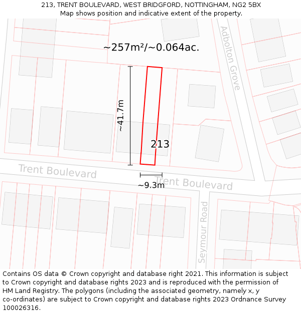 213, TRENT BOULEVARD, WEST BRIDGFORD, NOTTINGHAM, NG2 5BX: Plot and title map