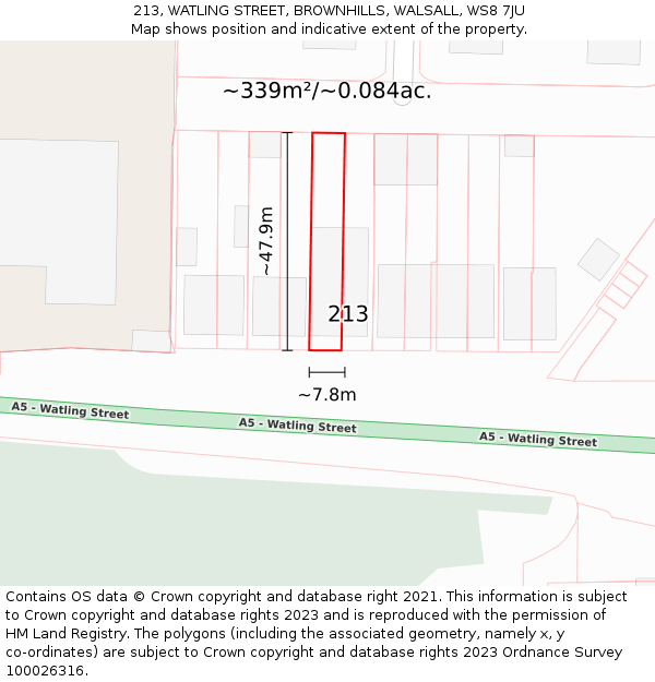 213, WATLING STREET, BROWNHILLS, WALSALL, WS8 7JU: Plot and title map