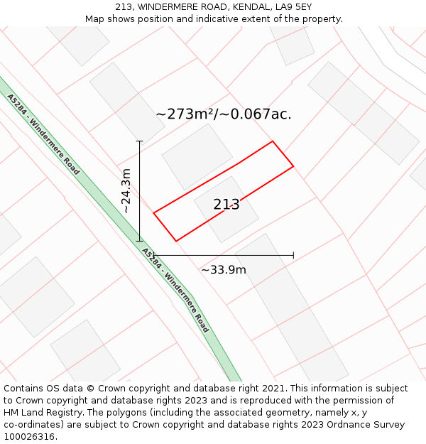 213, WINDERMERE ROAD, KENDAL, LA9 5EY: Plot and title map