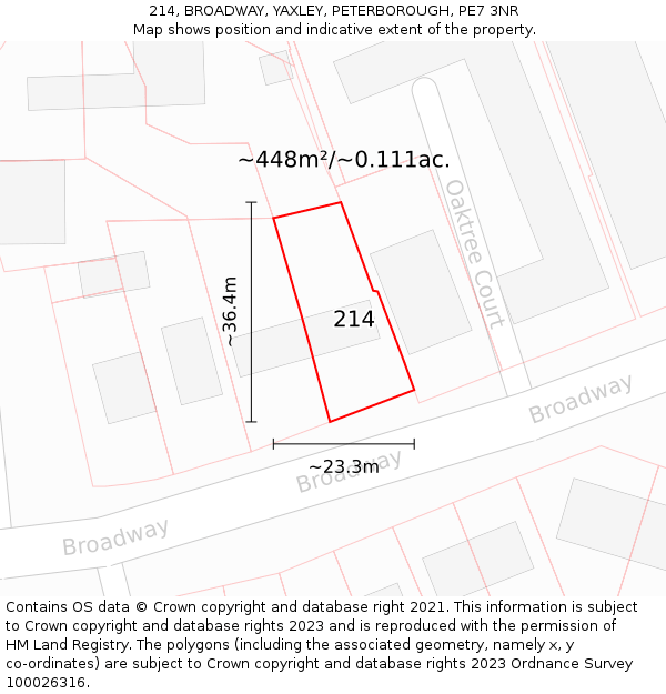 214, BROADWAY, YAXLEY, PETERBOROUGH, PE7 3NR: Plot and title map