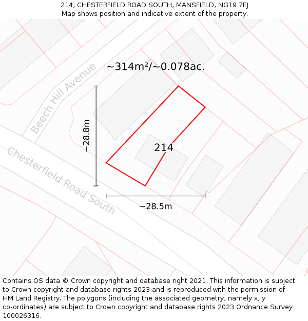 214, CHESTERFIELD ROAD SOUTH, MANSFIELD, NG19 7EJ: Plot and title map