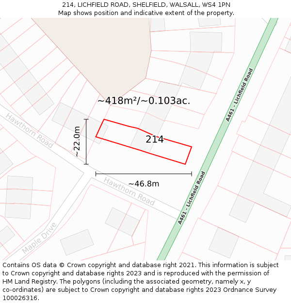 214, LICHFIELD ROAD, SHELFIELD, WALSALL, WS4 1PN: Plot and title map