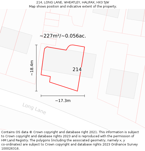 214, LONG LANE, WHEATLEY, HALIFAX, HX3 5JW: Plot and title map