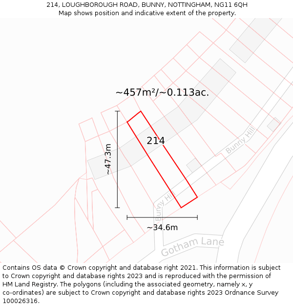 214, LOUGHBOROUGH ROAD, BUNNY, NOTTINGHAM, NG11 6QH: Plot and title map