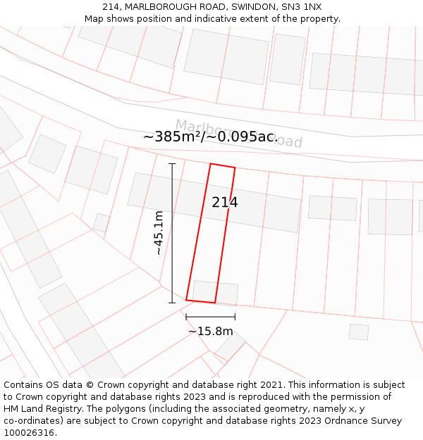 214, MARLBOROUGH ROAD, SWINDON, SN3 1NX: Plot and title map