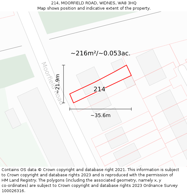 214, MOORFIELD ROAD, WIDNES, WA8 3HQ: Plot and title map