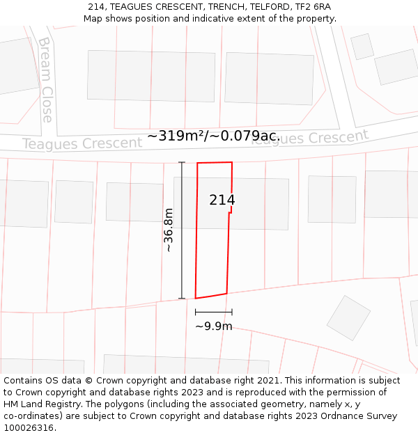 214, TEAGUES CRESCENT, TRENCH, TELFORD, TF2 6RA: Plot and title map