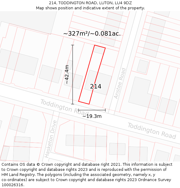 214, TODDINGTON ROAD, LUTON, LU4 9DZ: Plot and title map