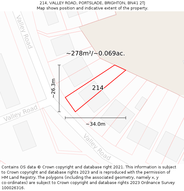 214, VALLEY ROAD, PORTSLADE, BRIGHTON, BN41 2TJ: Plot and title map