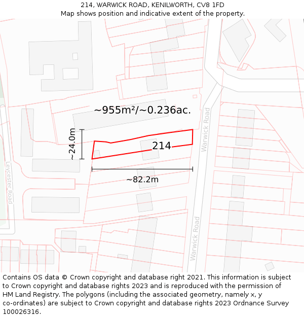 214, WARWICK ROAD, KENILWORTH, CV8 1FD: Plot and title map