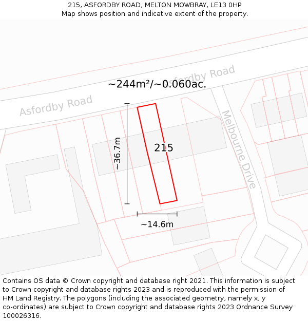 215, ASFORDBY ROAD, MELTON MOWBRAY, LE13 0HP: Plot and title map