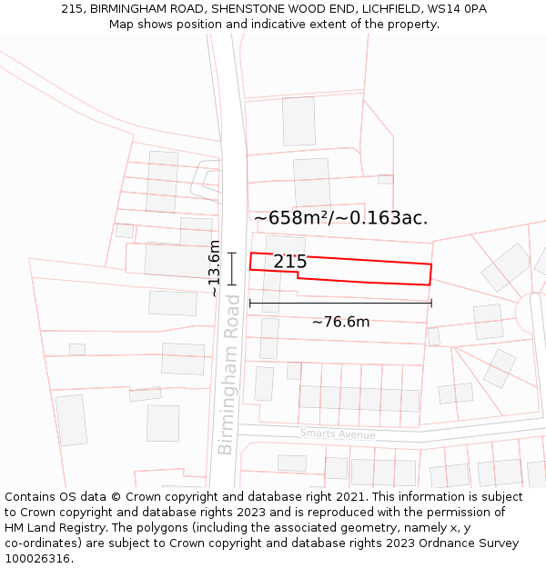 215, BIRMINGHAM ROAD, SHENSTONE WOOD END, LICHFIELD, WS14 0PA: Plot and title map