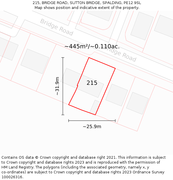 215, BRIDGE ROAD, SUTTON BRIDGE, SPALDING, PE12 9SL: Plot and title map