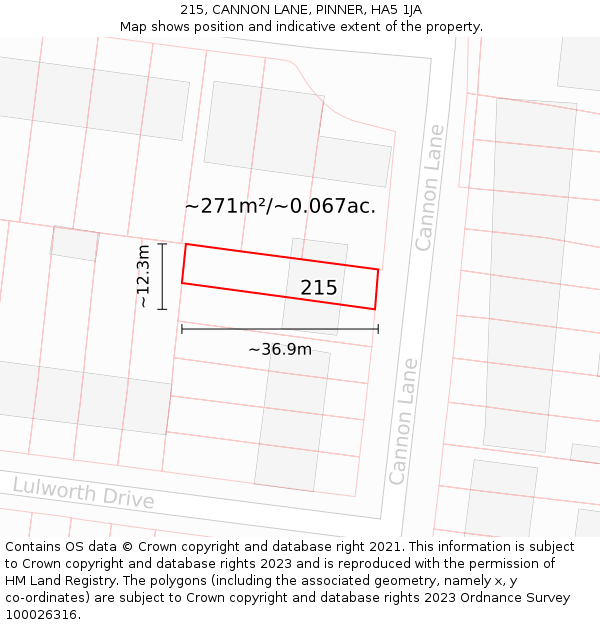 215, CANNON LANE, PINNER, HA5 1JA: Plot and title map