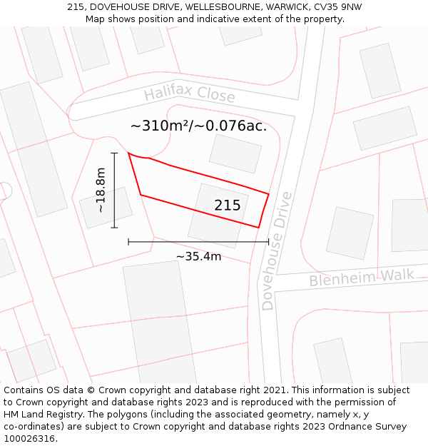 215, DOVEHOUSE DRIVE, WELLESBOURNE, WARWICK, CV35 9NW: Plot and title map