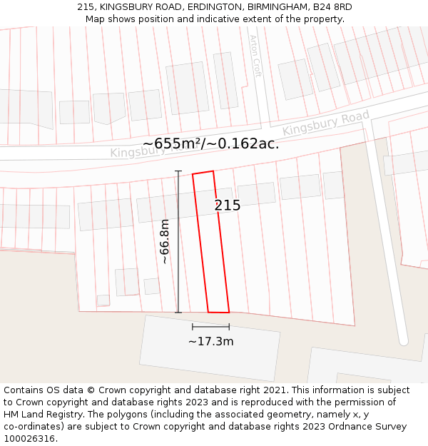 215, KINGSBURY ROAD, ERDINGTON, BIRMINGHAM, B24 8RD: Plot and title map