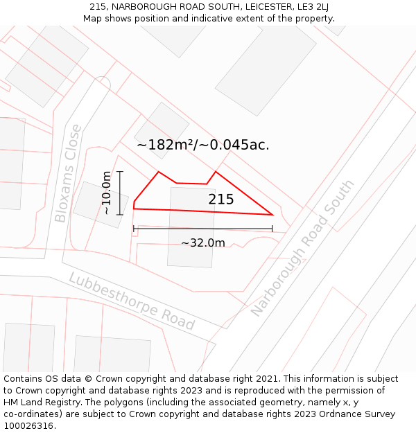 215, NARBOROUGH ROAD SOUTH, LEICESTER, LE3 2LJ: Plot and title map