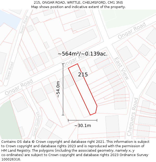 215, ONGAR ROAD, WRITTLE, CHELMSFORD, CM1 3NS: Plot and title map