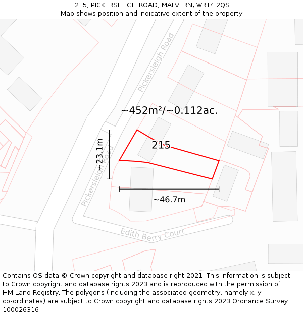 215, PICKERSLEIGH ROAD, MALVERN, WR14 2QS: Plot and title map