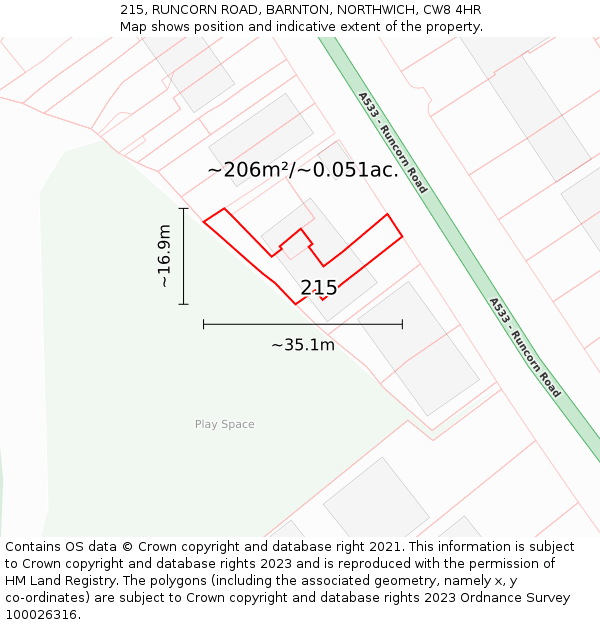 215, RUNCORN ROAD, BARNTON, NORTHWICH, CW8 4HR: Plot and title map