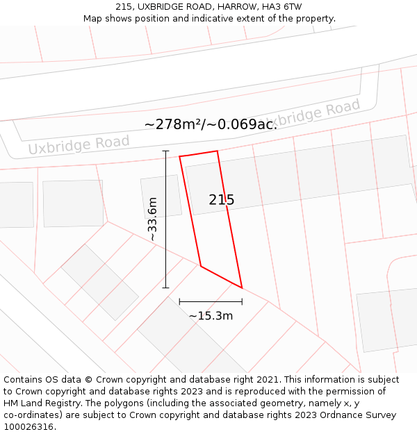 215, UXBRIDGE ROAD, HARROW, HA3 6TW: Plot and title map
