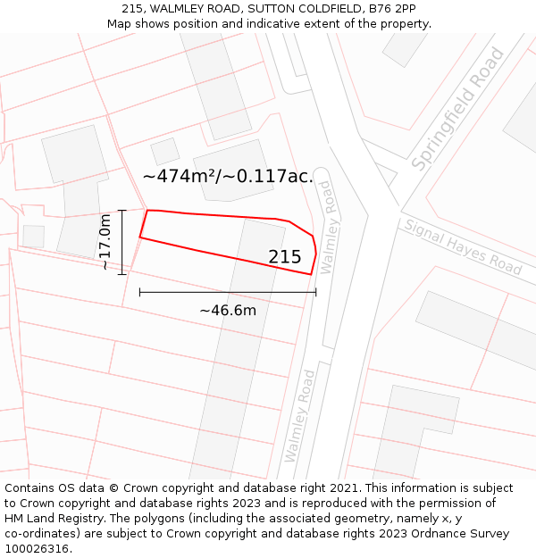 215, WALMLEY ROAD, SUTTON COLDFIELD, B76 2PP: Plot and title map