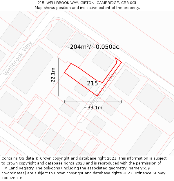 215, WELLBROOK WAY, GIRTON, CAMBRIDGE, CB3 0GL: Plot and title map