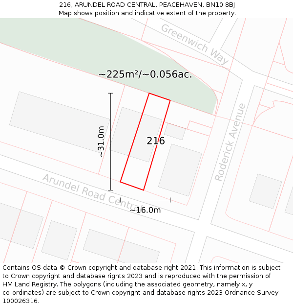 216, ARUNDEL ROAD CENTRAL, PEACEHAVEN, BN10 8BJ: Plot and title map