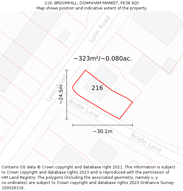 216, BROOMHILL, DOWNHAM MARKET, PE38 9QY: Plot and title map