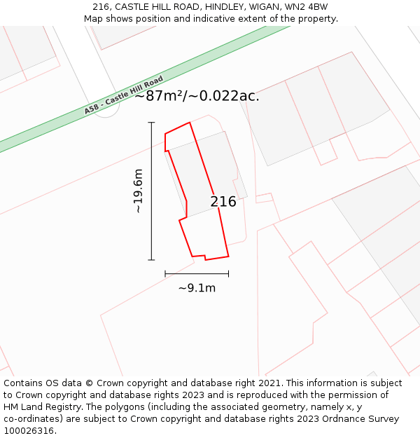 216, CASTLE HILL ROAD, HINDLEY, WIGAN, WN2 4BW: Plot and title map