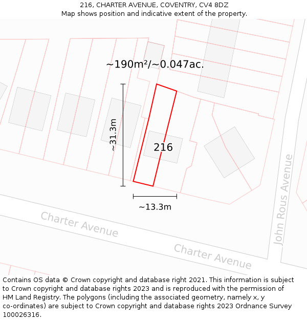 216, CHARTER AVENUE, COVENTRY, CV4 8DZ: Plot and title map