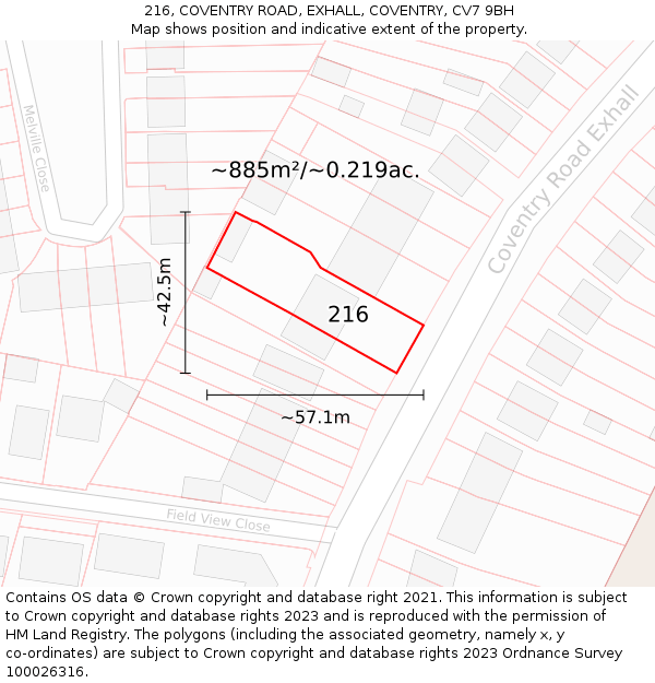 216, COVENTRY ROAD, EXHALL, COVENTRY, CV7 9BH: Plot and title map